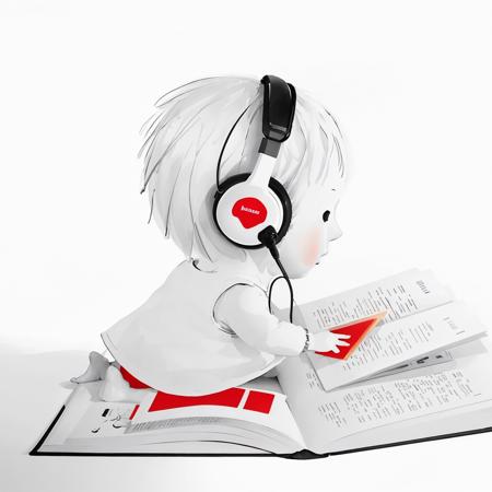 janemassey, massey, 
lineart, white background,illustration, cute, 2d,
1girl, solo, short hair, simple background, white background, dress, monochrome, full body, white hair, lying, barefoot, chibi, from side, book, profile, headphones, red dress, on stomach, child, open book, reading,
 <lora:janemassey-04:1>