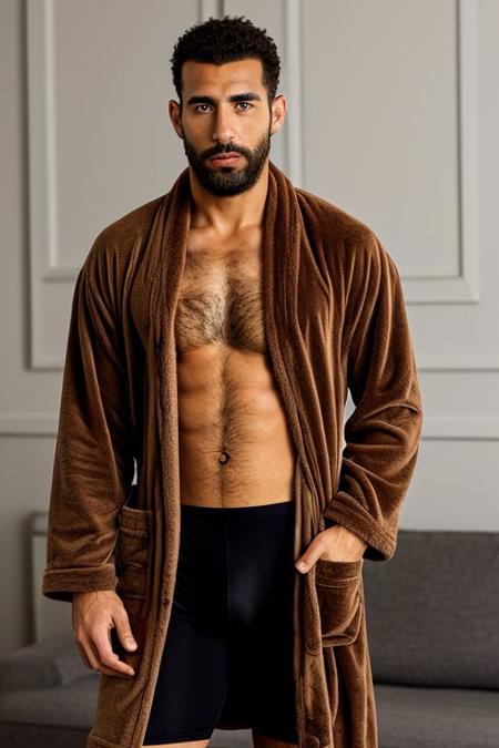 the sexiest hairy chested moroccan man in the world,  brown dressing gown, shirtless, black underpants