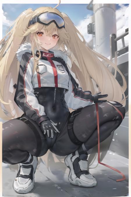 (blcrazln:1.2), 1girl, solo, goggles, bodysuit under cropped jacket, gloves, white footwear, (spread legs), blush, smile, red eyes,  <lora:blcrazln_release:0.8>