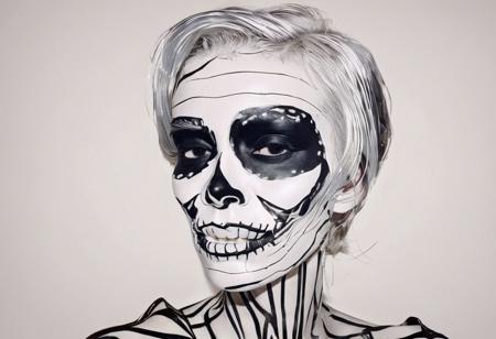 The overall style is reminiscent of andy warhol's work, A striking minimalist and surreal artwork, reminiscent of Dadaism, catrina. The piece features a distorted, elongated face with a wide-open mouth, expressing both joy and sorrow. The background showcases a series of sharp, jagged lines and shapes, evoking a sense of fear and fright.