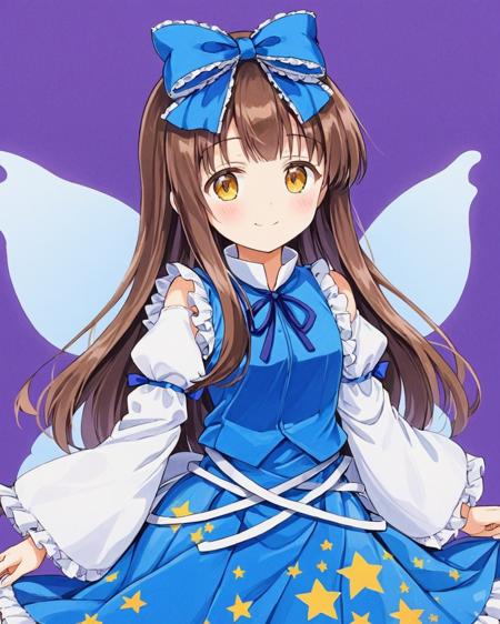 star sapphire,1girl, solo, fairy_wings, smile, star_\(symbol\), hair_bow, marker_\(medium\), traditional_media, star_print, juliet_sleeves, closed_mouth, frills, blue_dress, blue_bow, looking_at_viewer, wide_sleeves, blush, fairy, blue_vest, purple_background, shirt, blue_ribbon, skirt
<lora:star_sapphire_image1386_2023-12-20-000012:1>,star-shaped_pupils,symbol-shaped_pupils,. gorgeous,key visual, vibrant, studio anime,award-winning, professional, highly detailed,high budget, cinemascope