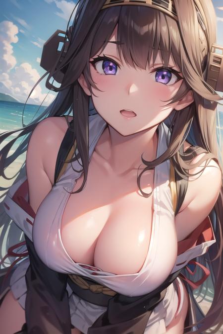 kongou, ahoge, brown hair, double bun, hair bun, hairband, headgear, long hair, (purple eyes:1.1),  boots, detached sleeves, japanese clothes, nontraditional miko, ribbon trim, ribbon-trimmed sleeves, thigh boots, wide sleeves,