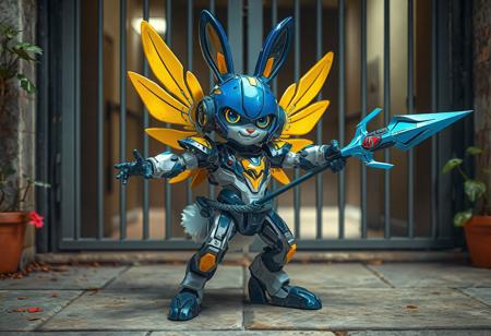 The image features a Gamble cyber Angel Bunny, a blue and gray Gamble cyber Angel Bunny with yellow and red accents, standing proudly against a closed plant gate. The Gamble cyber Angel Bunny, ready for action, has outstretched arms, legs apart, and a turned head. Wielding a blue and gray Unicorn Spear in its right hand, the Gamble cyber Angel Bunny showcases intricate mechanical workings with a sense of realism and sophistication. The 4K image displays vivid emotions, captivating lighting, and dynamic action, with a matte painting and concept art style. The Gamble cyber Angel Bunny, a blend of blue, gray, yellow, and red, has a super detailed face, eyes, and clothes, with sharp lines, brush strokes, and stunning colors. This high-quality digital art showcases a joyful impact and powerful message, intentional focus, and well-timed moment, handcrafted with precision, and is trending on ArtstationHQ.