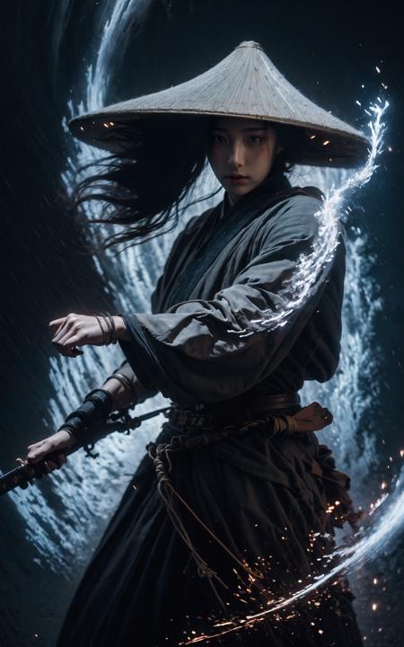 a Chinese warrior with his holding a sword, swirling cyclone, bamboo hat, super wide-angle lens, colorful arrangements, shige's visual aesthetic style, made of flowers, claire-obscure lighting, dark orange and teal, i can't believe how beautiful this is, in the style of zhang jingna, photomontage, hirohiko araki, oriental, sergio toppi, theatrical, feminine sensibilities
(glow, light pollution:1.5)
<lora:~Q?-e{  bamboo hat:1>