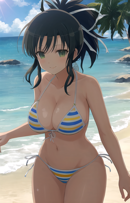 masterpiece, best quality,
asuka_sk, asuka_striped_bikini, 1girl, short hair, ponytail, large breasts, wide hips, hair ribbon, white ribbon, multicolored bikini, striped bikini, side-tie bikini bottom, closed mouth, smile, happy, cowboy shot, front view, beach setting, ultra-detailed, extremely detailed, anime, senran kagura, 8k <lora:Asuka_SK_1_1-10:0.8:ALL>