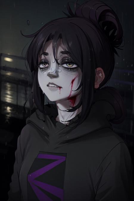 HoodieGirl, best quality, masterpiece, 1girl, black hair, pale skin, hair bun, <lora:HoodieGirl_Shep:1>, <lora:yllicft:0.85>, yllicft, solo, rain, injury, blood on face, bandaid on face, bandaid on nose, looking up, (black hoodie), symbiote, symbiote hoodie, symbiote teeth, symbiote eyes, face focus