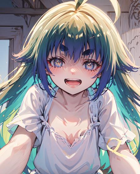 (masterpiece, best quality, ultra-detailed, highres, illustration:1.1),,1girl,looking at viewer,naughty face,  collarbone  ,multicolored eyes, smile,open mouth, upper body, close-up,  ,mitama ,Ahoge  ,small breasts, green hair, chest tattoo,tattoo,short eyebrows,thick eyebrows,   <lora:mitama-06:1>