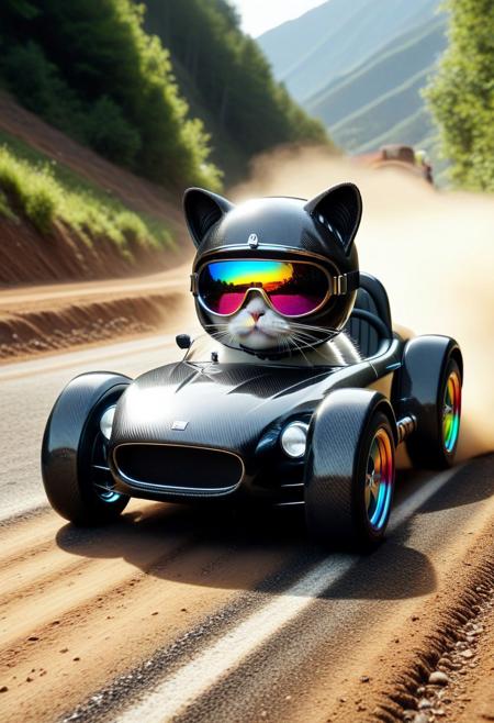 (made of Carbon Fiber:1.3), closeup cute small Carbon Fiber classic sports car, cat driving on, wear round goggles, wear animal ears helmet, run through on mountain dirt road, Dust, Taste the Rainbow, cinematic, cinematic lighting, (masterpiece, best quality:1.4), ultra-high res, 4k, Photorealistic, insanely detailed, sfw,