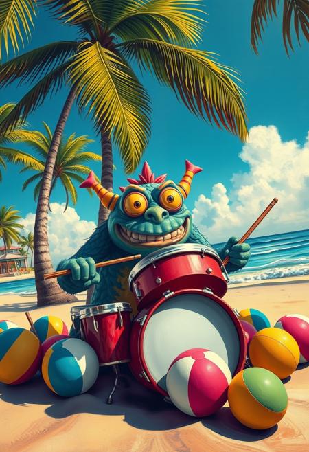 Whimsical Concept Art. Medium shot. A comedic monster plays drums on a colorful beach. Low-angle shot. Vibrant oil painting with triadic colors. Exaggerated facial features. Bright beach balls surrounding the monster. Palm trees swaying in the ocean breeze. Warm, sunny lighting with long shadows. Best quality, 8k resolution, incredibly detailed, cartoonish, fantastical, humorous, tropical, fun, playful, joyful, carefree, วด entertaining, amusing.