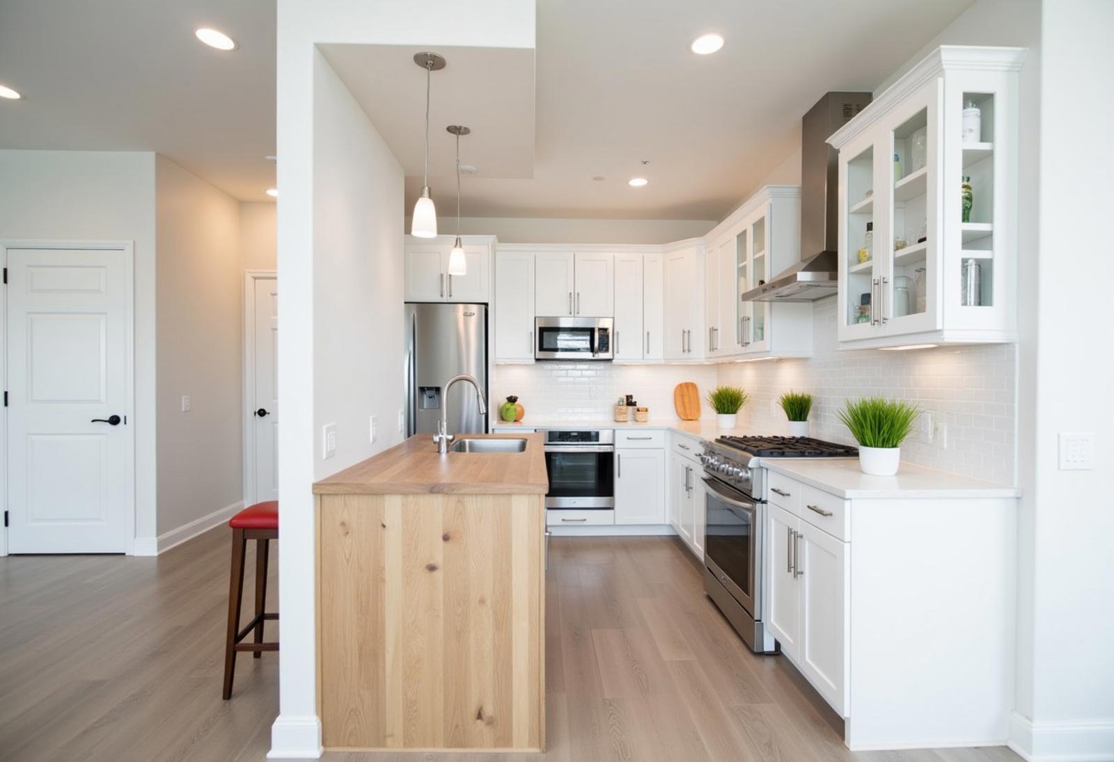 Modern house, white tone, some wood line, glasses door, kitchen