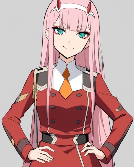 <lora:zerotwo:1>,1girl, solo, zero_two_\(darling_in_the_franxx\), long_hair, horns, pink_hair, looking_at_viewer, hand_on_hip, smile, hairband, necktie, simple_background, bangs, short_necktie, uniform, white_hairband, grey_background, closed_mouth, straight_hair, aqua_eyes, red_dress, long_sleeves, military_uniform, eyeshadow, orange_necktie, makeup, military, green_eyes, double-breasted