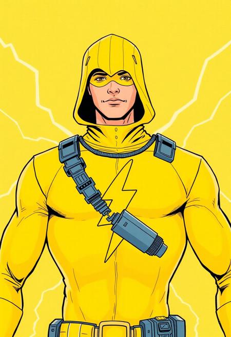 A young male superhero, wearing a simple yellow suit to showcase his electrical superpowers. He wears a cowl covering his upper head. He has several gadgets, including a computer on his wrist. He has a electric insignia on his chest.
The art style is golden age comics