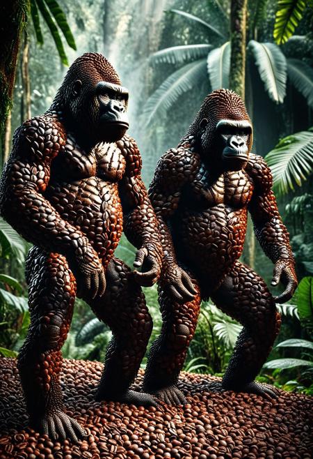coffee beans, two large gorillas entirely made from roasted coffee beans, their bodies sculpted with layered and textured coffee beans forming realistic muscles and facial features, dark roasted tones with rich highlights, intense expressions, standing powerfully in a misty jungle environment, soft ambient light mixed with strong backlight casting warm rim light, cinematic atmosphere with volumetric light rays filtering through trees, natural reflections on the coffee beans, highly detailed close-up surfaces, hyperrealistic, organic texture, deep depth of field, sharp focus on the gorillas with blurred background, 85mm lens
