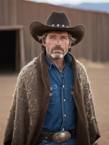 In this portrait taken with a Canon EOS 5D Mark IV, a grizzled cowboy with scruffy features and blue eyes poses against a deserted town background. Dramatic low-key lighting accentuates his rugged appearance. He wears a classic cowboy hat and a colorful wool poncho, creating an iconic Western image.