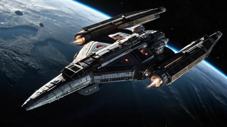 epic space ship, moving away, engine thrusters firing, leaving orbit, asteroid belt, highly detailed spacecraft, battlestar galactica