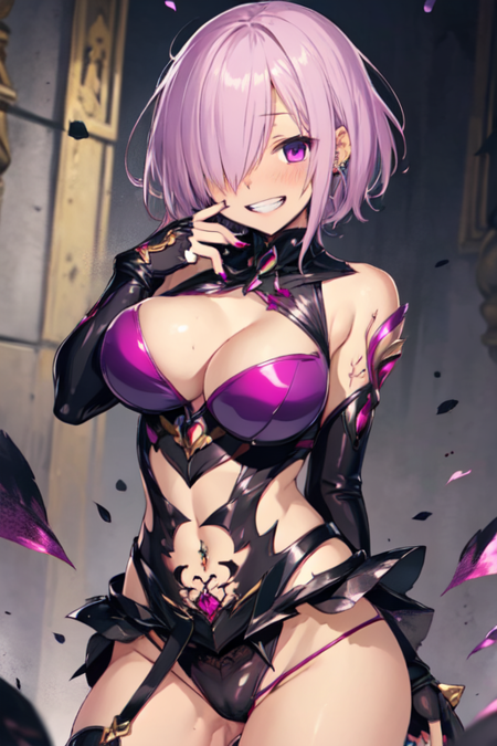 MashuCorrupted, 1girl, grin, short hair, open mouth, large breasts, armor, leotard, cleavage cutout, gloves, bare shoulders, thighhighs, purple eyes, panties, pink hair, purple hair, elbow gloves, nail polish, hair over one eye, see-through, bridal gauntlets, pubic tattoo, navel piercing, corruption, 
