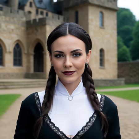 photo of (ohwx woman) as Wednesday Adamas, wearing gothic clothes, braided pigtails, in a castle, sharp focus, looking at the camera, makeup, cinematic look, <lora:VictoriaJustice:1>