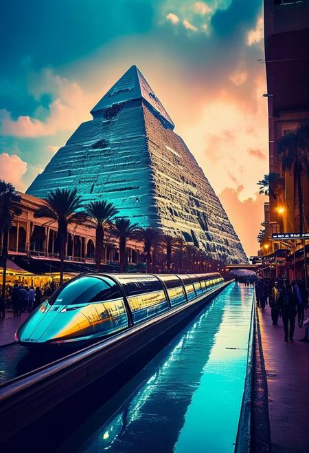 ()Hyoer Realistic:2.0)Polaroid picture of 
 futuristic, cyberpunk Egypt where ancient pyramids have been transformed into towering high-rise structures, their peaks disappearing into the clouds. The cityscape is a blend of ancient and modern architecture, with neon-lit skyscrapers and holographic advertisements illuminating the night sky.
In the foreground, a bustling spaceport hums with activity as sleek, silver spacecraft take off and land, their engines glowing with a soft blue light. The air is thick with the hum of hovercars and grav-bikes, zipping past pedestrians clad in futuristic attire.
The city's infrastructure is a marvel of modern engineering, with elevated walkways and monorails crisscrossing the metropolis. Interstate highways weave through the city, lined with towering trees and sparkling waterfalls that cascade into crystal-clear canals.
Despite the futuristic landscape, remnants of ancient Egypt remain. The Sphinx stands watch over the city, its face now a holographic display that shifts and changes as you gaze upon it. The Nile River flows through the heart of the city, its banks lined with lush greenery and vibrant marketplaces.
The atmosphere is one of utopian harmony, with people from all walks of life living and working together in perfect balance. The air is clean, the streets are safe, and the city pulses with an energy that is both exhilarating and serene.