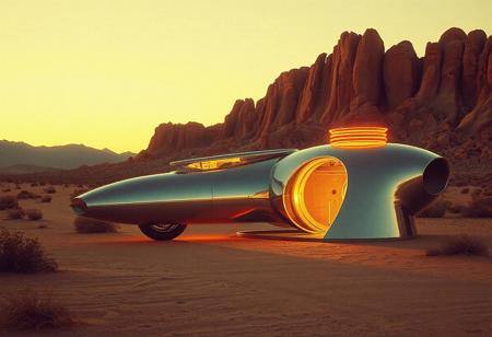 avant-garde, retro futurism , gold and chrome, california desert, 1970s, robert T, techno style