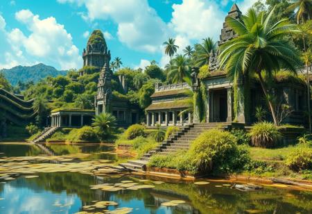 Realistic style. Overgrown monuments of an ancient civilization. There is tropical vegetation and a lake. The scene is vibrant and idyllic. Masterpiece,best quality,hi res,8k,hi res,8k,award winning,(sharp focus, intricate, highly detailed)