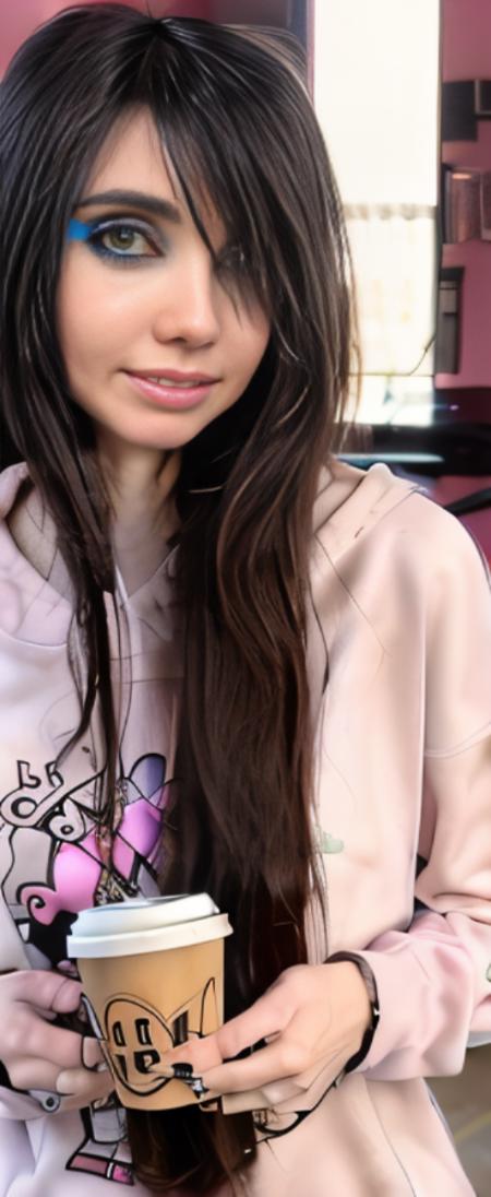 ( skinny :1.2), thin girl, with pastel sweatshirt, with black hair, <lora:EugeniaCooneyV4:1> emo style hair , black hair , drinking a coffee