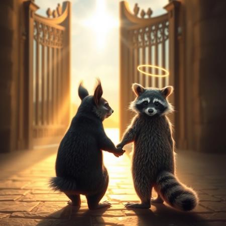 A dark-furred squirrel and a raccoon in glowing, ethereal forms stand side by side at the entrance of a grand, radiant gate symbolizing Heaven. The squirrel and raccoon hold hands, each with a small, soft halo above their heads, their expressions a mix of peaceful acceptance and gentle melancholy as they look back toward the viewer. The scene is illuminated with a soft, golden light, casting an otherworldly glow that enhances the warmth and calm of the moment. The gates behind them are open, revealing a hint of a tranquil, celestial landscape beyond, creating a touching, spiritual farewell.