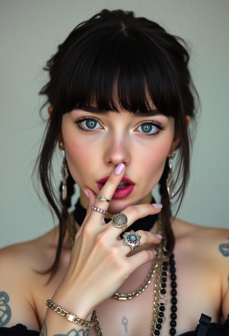 alternative goth girl, bunch of jewelry, young, model, aesthetic photo, beautiful skin, pretty face, bangs, finger on lips, many rings, pale skin, realistic, blue eyes, black attire, intricate jewelry, chain in nose, a lot of piercings, creative tattoos