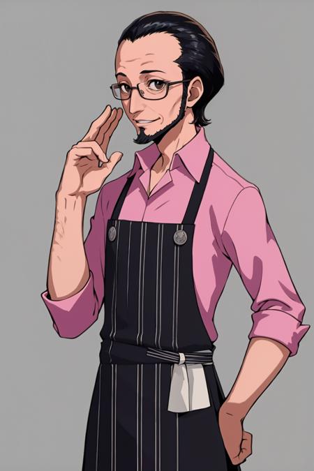 masterpiece, best quality, solo, 1boy, smirk, looking at viewer,    <lora:Sojiro_Fp:1>, sojirop5, collared shirt, glasses, pants, apron,  <lora:P5-tactica_Fp:1>, simple background,