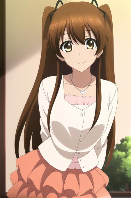 (masterpiece), high quality, highly detailed background, 1girl, solo,
<lora:WA2-Setsuno-v1-06:0.7>, ChopioSetsuno, looking at viewer,
brown hair, long hair, twintails, two side up, hair ribbon, brown eyes,
outfit_3, heart necklace, white blouse, pink skirt, layered skirt, frilled skirt
standing, smile, leaning forward, arms behind back,