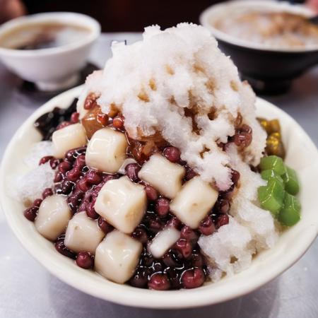 The image features a close-up of a bowl filled with a popular Taiwanese dessert often referred to as "boba tea ice" or "shaved ice." The bowl, which appears to be round and possibly white, contains a variety of toppings that may include cream, red beans, green beans, and possibly potato starch. A brown sauce is drizzled on top of the ice. The dessert is served with at least two spoons, suggesting it may be shared. The surroundings hint at the setting being a tea shop or a place where such desserts are commonly served, with other bowls in the background contributing to the atmosphere of the establishment. Despite the lack of text, the image seems to omit a casual and enjoyable vibe. , <lora:icetw:0.8>