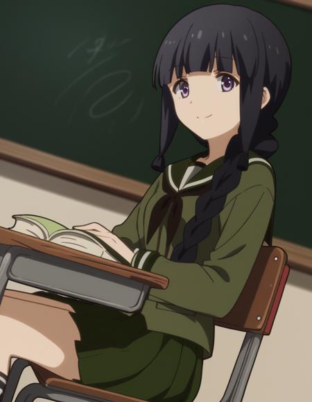 kitakami, long hair, bangs, black hair, purple eyes, braid, blunt bangs, single braid, hair over shoulder, kitakami (kancolle) skirt, school uniform, serafuku, green skirt, pleated skirt, green shirt, green sailor collar