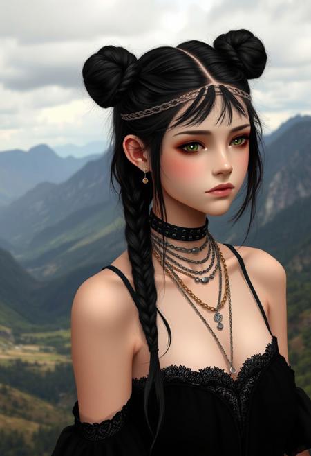 a girl with dark hair braided into two high buns, from which long strands fall. her skin is light. She is dressed in a black dress with open shoulders, decorated with lace. Around her neck are several chains and a choker. The background is a landscape with mountains and valleys under a cloudy sky.mountains