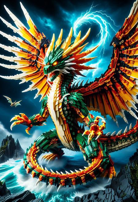 digital art images, beautiful, fantasy, and complex, detailed portrait , 
Lego set eastern_dragon made of lego
Flying:1.4, roar:1.4, /(wings spread wide/)
fiery colors, deep green, electric yellow, molten golden edges, 
beautiful, 
thunder,bolt
sea, night time, cloudy,
masterpiece, photorealistic, highly detailed,