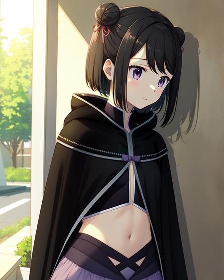 masterpiece, high quality, mgrckuroe, 1girl, side view, medium shot, upper body, purple eyes, black hair, black with white cropped jacket, crop top, black hooded cloak with white edgings, double bun, purple bowtie, blue with pink skirt, pink hairpins, outdoors, <lora:mgrckuroe-000010:0.8>