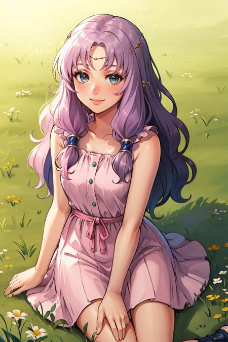 masterpiece, best quality, florina, pink sundress, smile, sitting on the ground, grass, looking at viewer <lora:florina-nvwls-v1-000012:0.9>