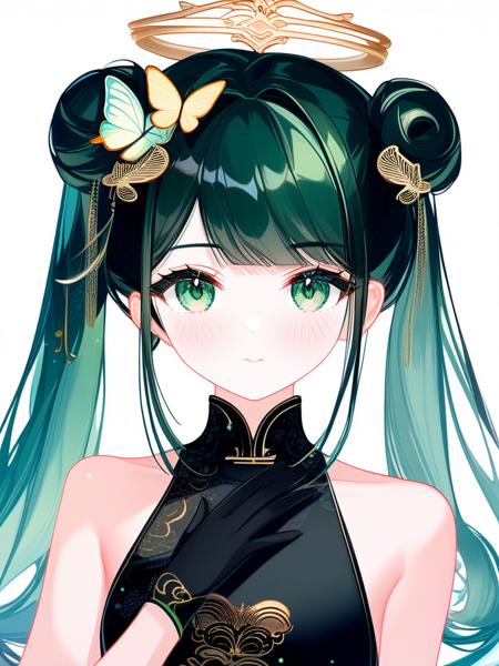 ,<lora:dan:1>,masterpiece, solo, close up, [sho lwlw], 1girl, white background, simple background, grey background, upper body, looking at viewer, blush, closed mouth, green eyes, long hair, black hair, butterfly hair ornament, twintails, bangs, double bun, side bun, china dress, black gloves, black dress, sleeveless dress, halo, bare shoulders, own hands together