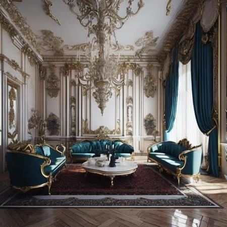 <lyco:baroque_interior_design:1.0> baroque interior design Give me draw a indoor rendering, 4 meters multiplied by 6 meters of the sitting room, the adornment of the baroque style