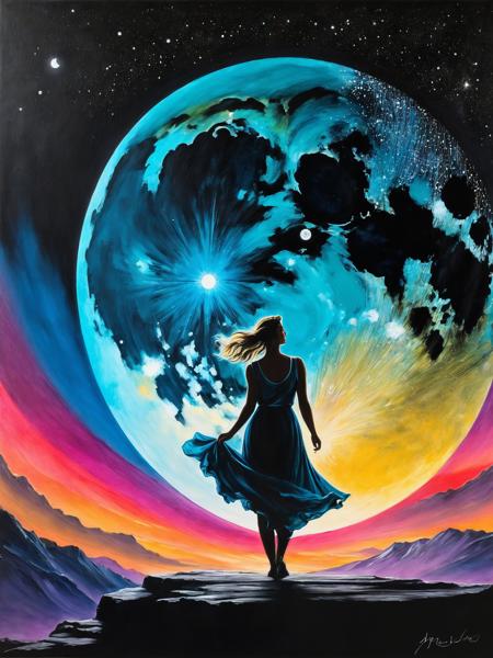 (Glowing ambiance, enchanting radiance, luminous lighting, ethereal atmosphere, mesmerizing glow, evocative hues, captivating coloration, dramatic lighting, enchanting aura), ink painting, ((moon:1)), (masterpiece, top quality, best quality, official art, beautiful and aesthetic:1.2), 1girl, extreme detailed, (joshua middleton cover art:1.1), (Action painting:1.2), (concretism:1.2), theater dance scene, (hypermaximalistic:1.5), colorful, highest detailed,