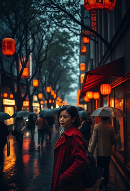 A bustling city street at dusk, illuminated by the soft orange glow of lanterns reflecting off rain-slick pavement, capturing an intricate mix of human activity and natural serenity. People carrying umbrellas weave through the narrow streets, their silhouettes fragmented by overlapping shadows and refracted neon signage, while a soft mist drifts in from a distant harbor. Towering trees along the edge of the street create a dramatic canopy, their wet branches catching the faint shimmer of lamplight. A woman in a deep crimson coat pauses under a storefront awning, her expression calm yet introspective, framed by delicate light beams breaking through the haze. The atmosphere feels cinematic yet painterly, blending vivid urban life with a tranquil sense of quiet, as if caught between fleeting moments of chaos and peace. A shallow depth of field creates soft bokeh in the background, amplifying the layered perspective and emotional complexity of the scene.