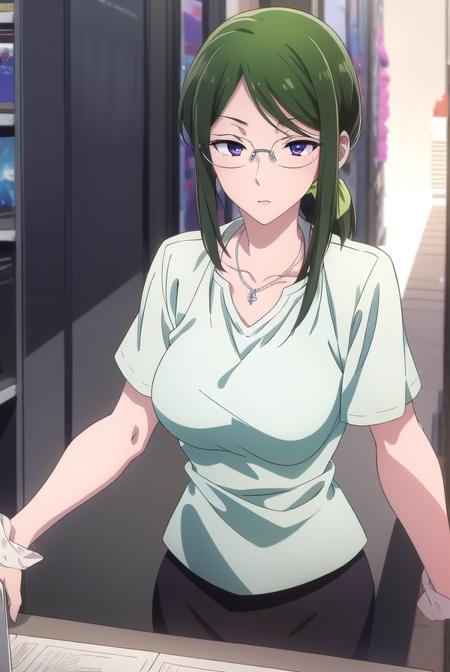 hanakokoyanagi, <lora:hanakokoyanagi-lora-nochekaiser:1>,
hanako koyanagi, green hair, low ponytail, (purple eyes:1.1), glasses,
BREAK skirt, shirt, necklace, office lady,
BREAK looking at viewer,
BREAK indoors,
BREAK <lora:GoodHands-vanilla:1>, (masterpiece:1.2), best quality, high resolution, unity 8k wallpaper, (illustration:0.8), (beautiful detailed eyes:1.6), extremely detailed face, perfect lighting, extremely detailed CG, (perfect hands, perfect anatomy),