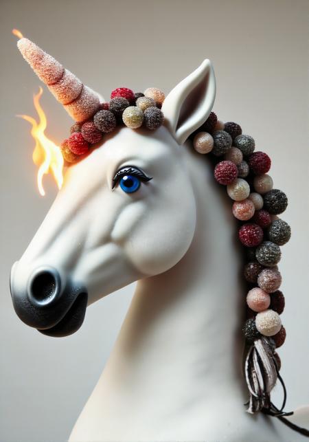 animal focus, blue eyes, closed mouth, fire, from side, full body, horse, no humans, rearing, simple background, solo, unicorn CHRC4ND7