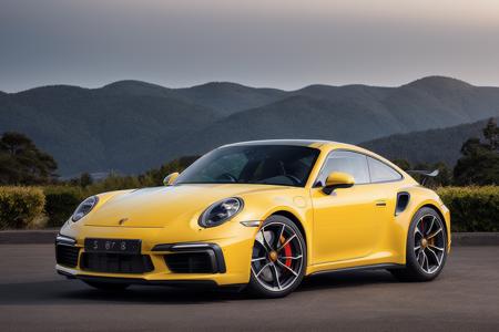 a professional shot of (porsche911_ti-v4-1050:0.99) in yellow, modelshoot style, (extremely detailed CG unity 8k wallpaper),unreal engine, 120mm lens,  High Detail, Sharp focus, dramatic,dawn