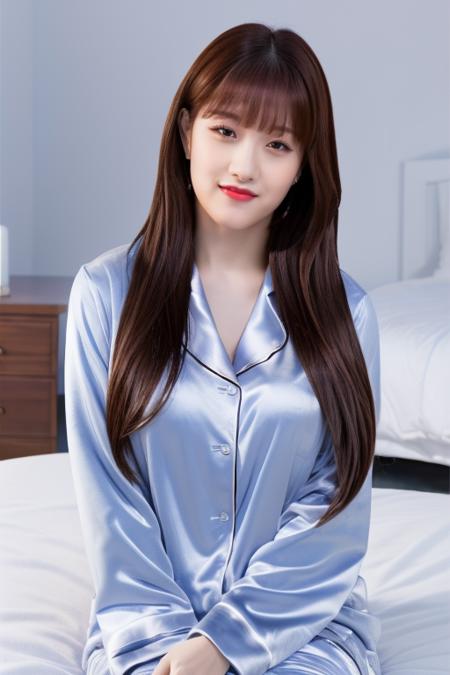 <lora:fromisSeoyeon:1>,Seoyeon,bangs,black hair,RAW photo,physically-based rendering,(8k, best quality, masterpiece:1.2),(full body shot:1.4),octane render,extremely detailed CG unity 8k wallpaper,studio soft light, rim ligh,in hotel,bed,cozy room,sunlight,(a girl is wearing pajama:1.5),hyper realistic detail shiny skin,ultra detailed,(ultra realistic:1.5),(looking at viewer:1.2),(intricate:1.2),(photorealistic:1.4),1girl,(skinny:1.3),detailed background,(smile:1.2)