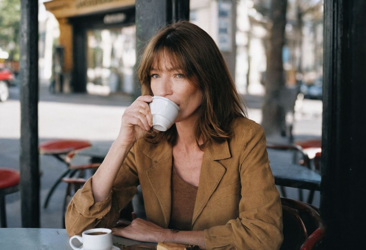 leica m3, 35mm Voigtlander lens, Portra 160/400, photo of Carla Bruni
drinking coffee at a corner café in Paris., high contrast, natural  sunlight