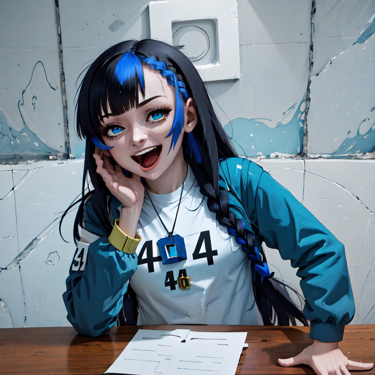 A cartoon anime character with blue hair, a white shirt, and a blue necklace sitting at a table.