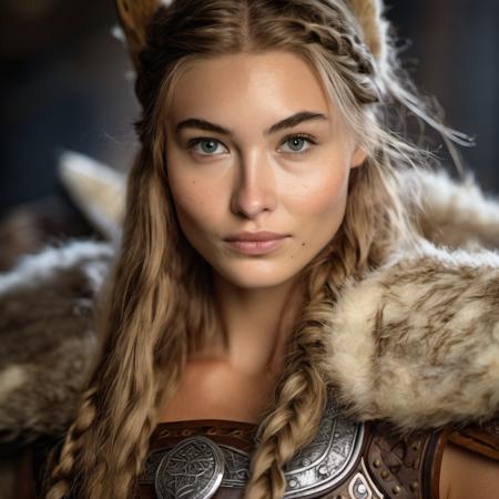 Portrait photograph of a beautiful and fierce viking shield maiden , Nikon Z9, looking at the camera, realistic matte skin, (highly detailed), ((skin texture)), (sharp focus), high-res
