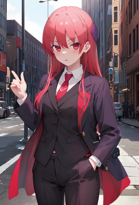 (masterpiece:1.2), (best quality:1.15), extremely detailed, perfect lighting, tsukasa, 1girl, solo, <lora:[Anime] Tsukasa Tokinawa A:0.8>, ((suit, suit jacket)), pant suit, pants, vest, necktie, shirt, formal, (alternate costume)