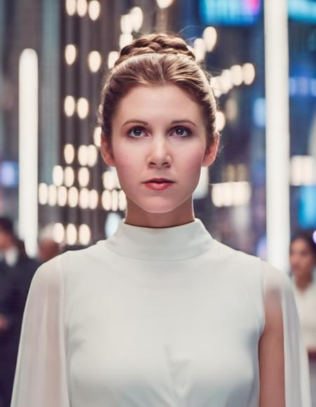 breathtaking photo of skswoman, 1girl, brown hair, white dress, sheep horns, blurry, lips, depth of field, blurry background futuristic city lots of lights, portrait, realistic, nose, professional, 4k, highly detailed <lora:Princess Leia:0.8> . award-winning, professional, highly detailed