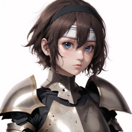 1girl, armor, expressionless, hair between eyes, headband, short hair, simple background, solo, upper body, white background