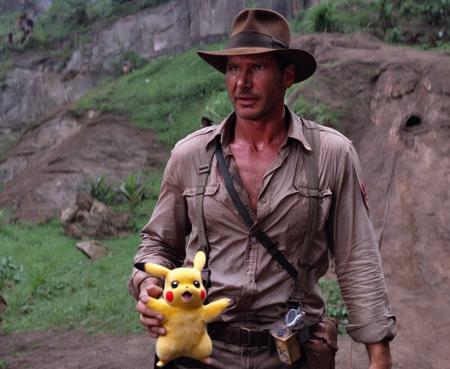 Indianajones Person holding a pikachu in the amazon <lora:Indiana Jones SDXL - Trigger is Indianajones Person:1>